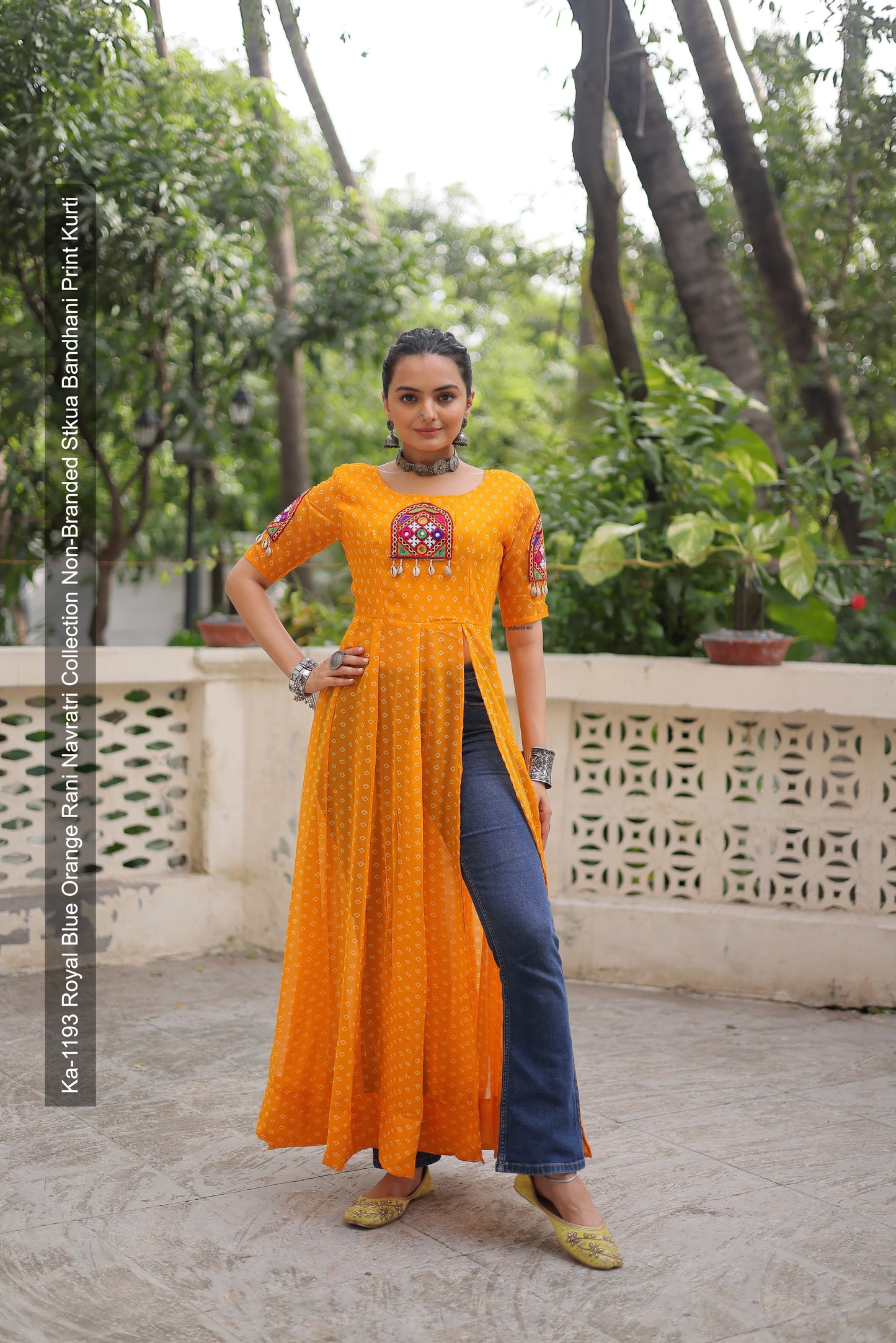 Ka-1193 Royal Blue Orange Rani Navratri Collection Non-Branded Stkua Bandhani Print Kurti