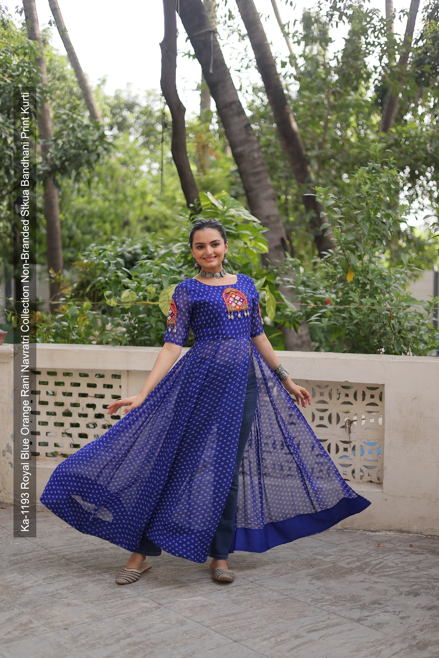 Ka-1193 Royal Blue Orange Rani Navratri Collection Non-Branded Stkua Bandhani Print Kurti