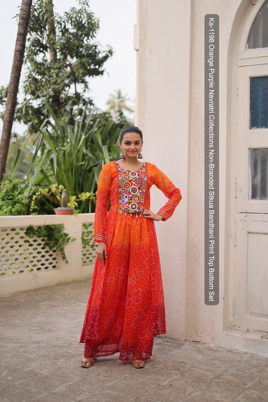 Ka-1198 Orange Purple Navratri Collections Non-Branded Stkua Bandhani Print Top Bottom Set