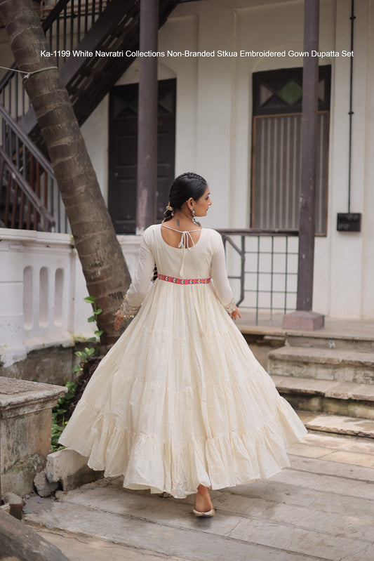 Ka-1199 White Navratri Collections Non-Branded Stkua Embroidered Gown Dupatta Set