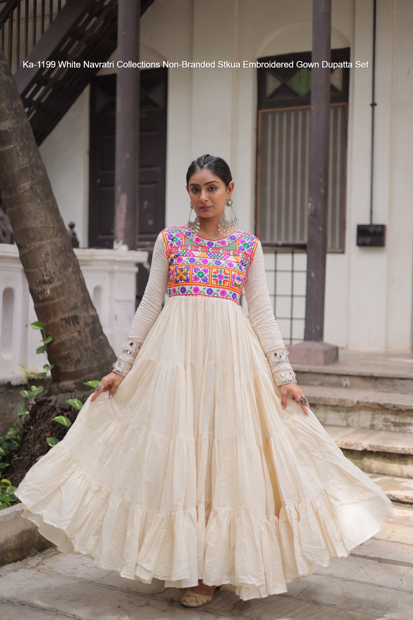Ka-1199 White Navratri Collections Non-Branded Stkua Embroidered Gown Dupatta Set
