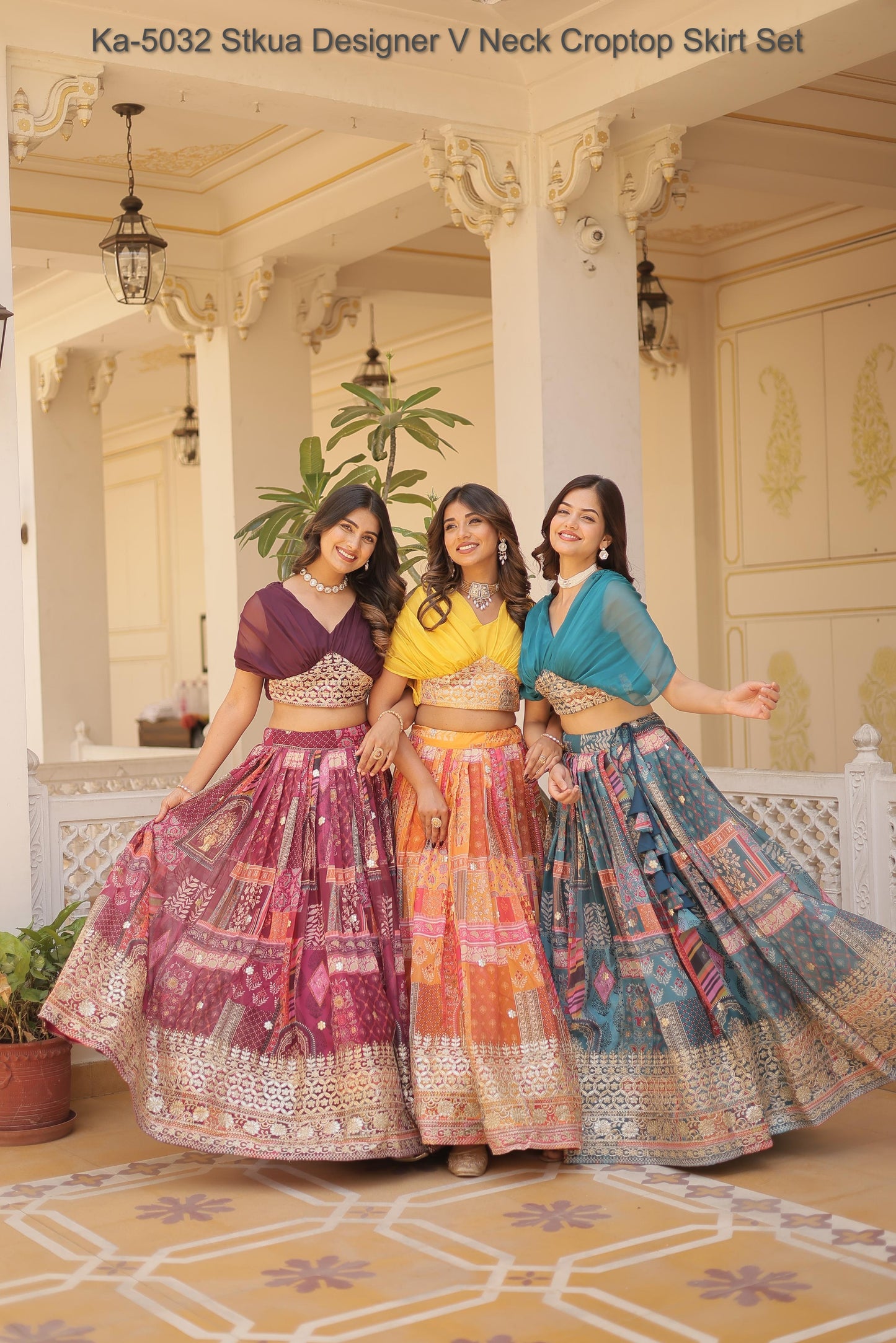 Ka-5032 Stkua Designer V Neck Croptop Skirt Set