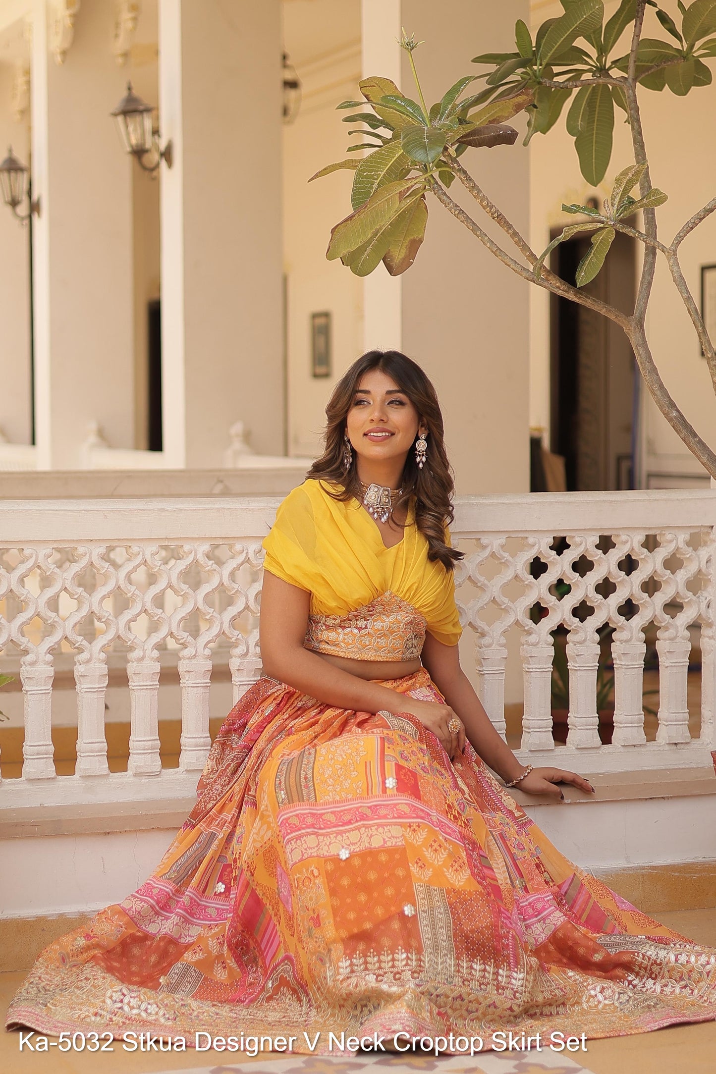 Ka-5032 Stkua Designer V Neck Croptop Skirt Set