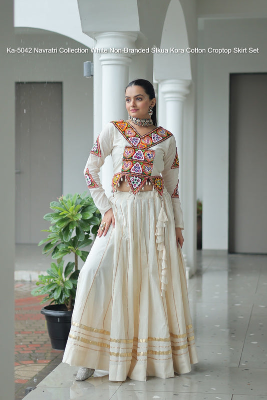 Ka-5042 Navratri Collection White Non-Branded Stkua Kora Cotton Croptop Skirt Set