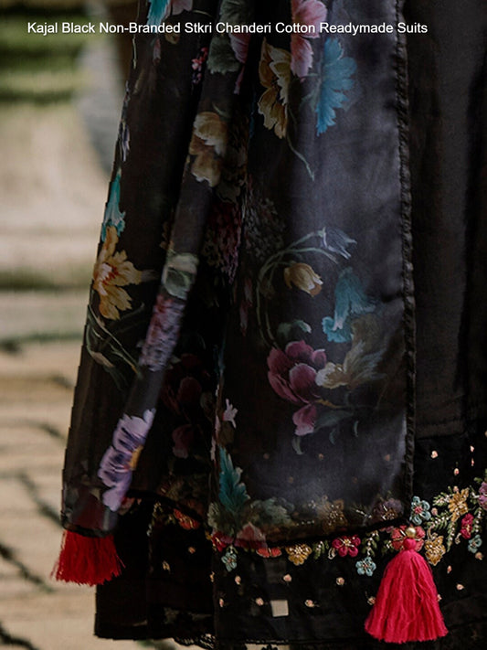 Kajal Black Non-Branded Stkri Chanderi Cotton Readymade Suits