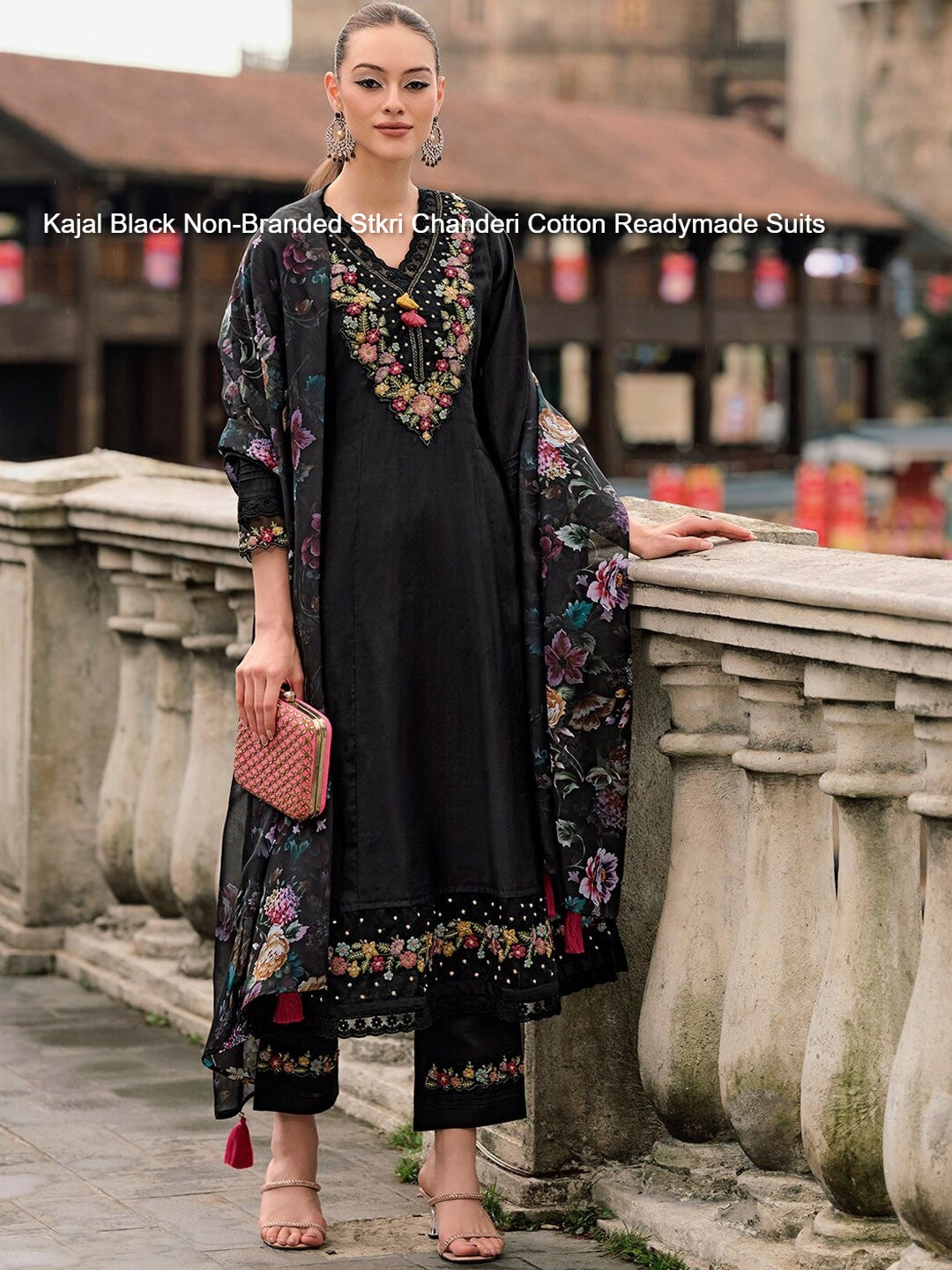 Kajal Black Non-Branded Stkri Chanderi Cotton Readymade Suits