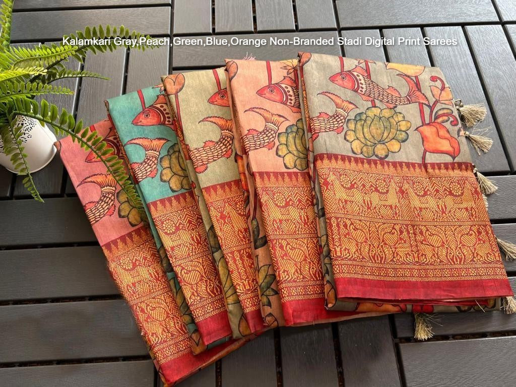 Kalamkari Gray,Peach,Green,Blue,Orange Non-Branded Stadi Digital Print Sarees