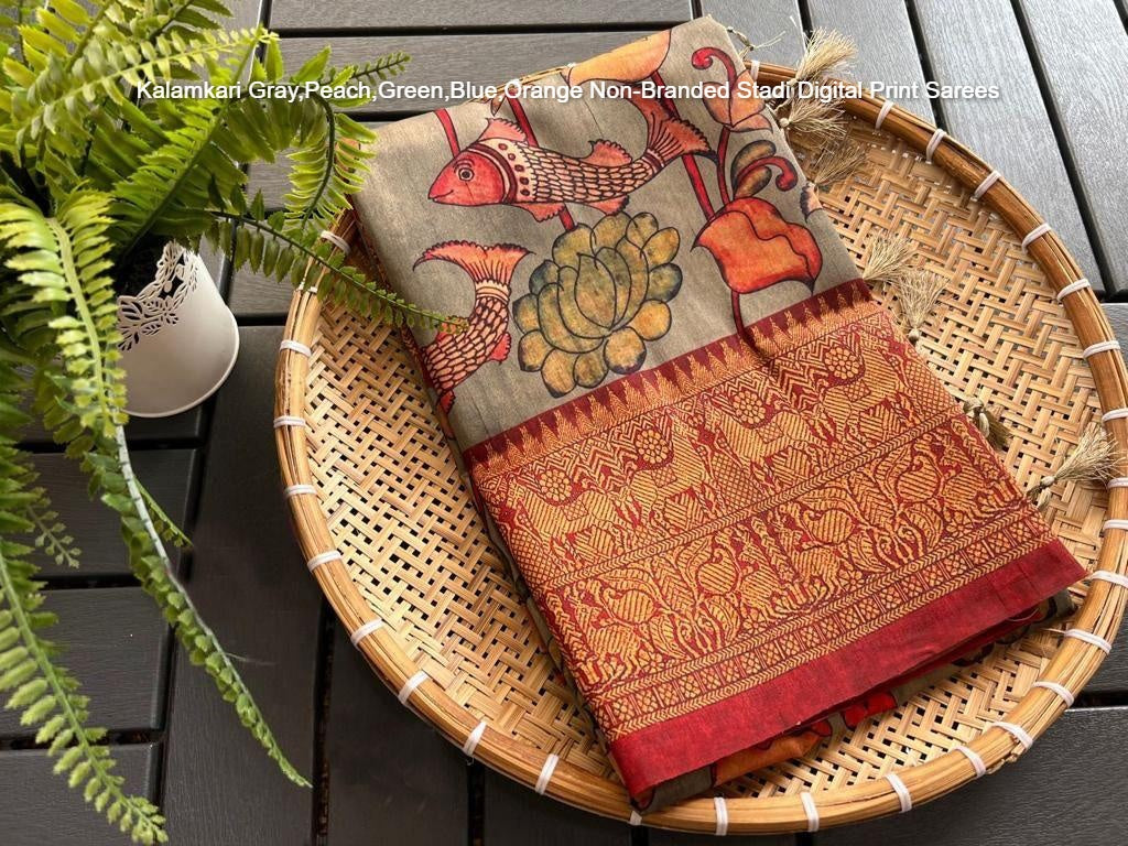Kalamkari Gray,Peach,Green,Blue,Orange Non-Branded Stadi Digital Print Sarees
