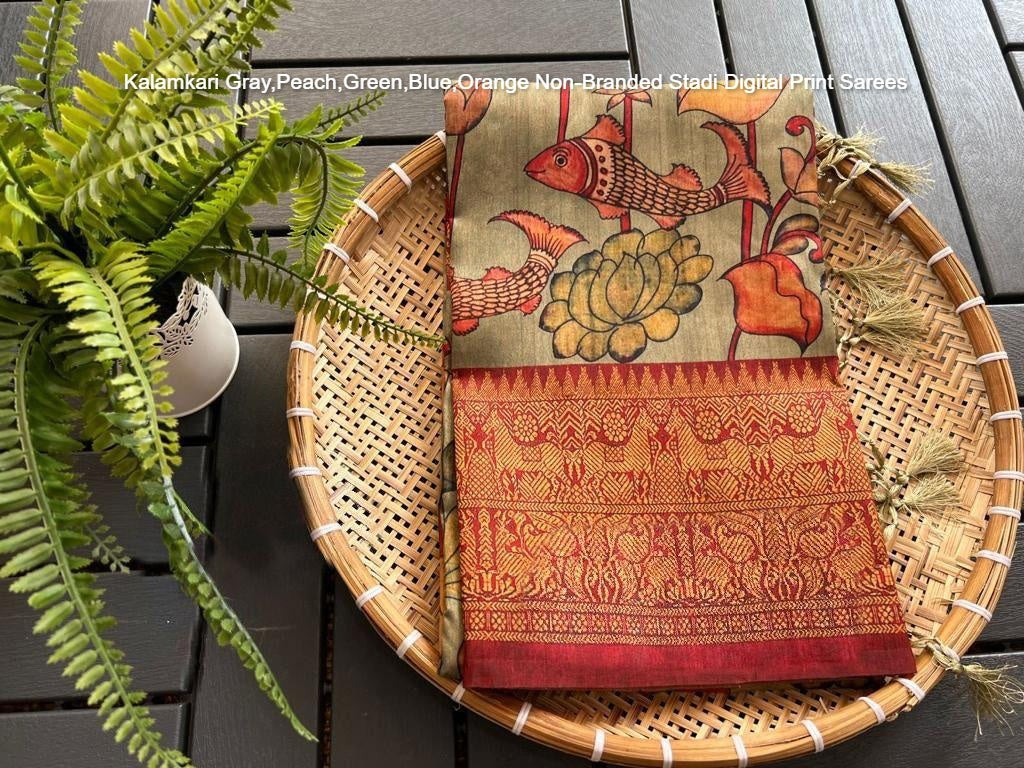 Kalamkari Gray,Peach,Green,Blue,Orange Non-Branded Stadi Digital Print Sarees