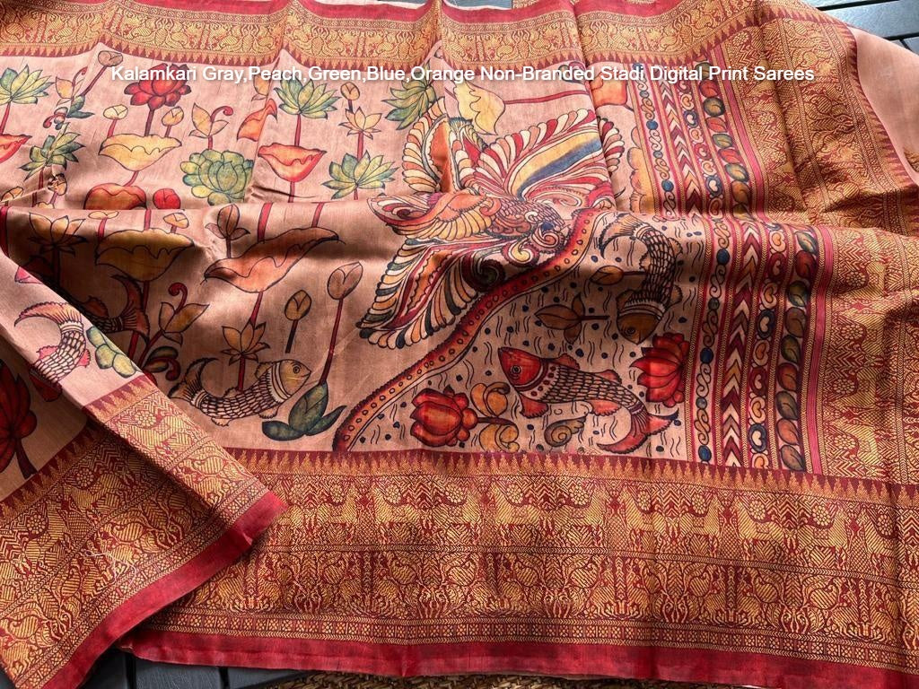 Kalamkari Gray,Peach,Green,Blue,Orange Non-Branded Stadi Digital Print Sarees