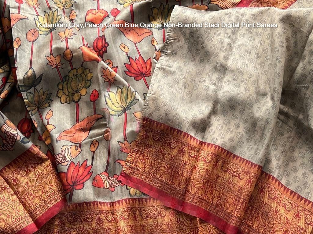 Kalamkari Gray,Peach,Green,Blue,Orange Non-Branded Stadi Digital Print Sarees