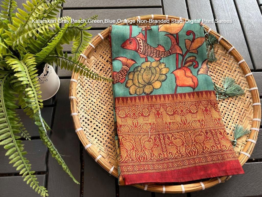 Kalamkari Gray,Peach,Green,Blue,Orange Non-Branded Stadi Digital Print Sarees