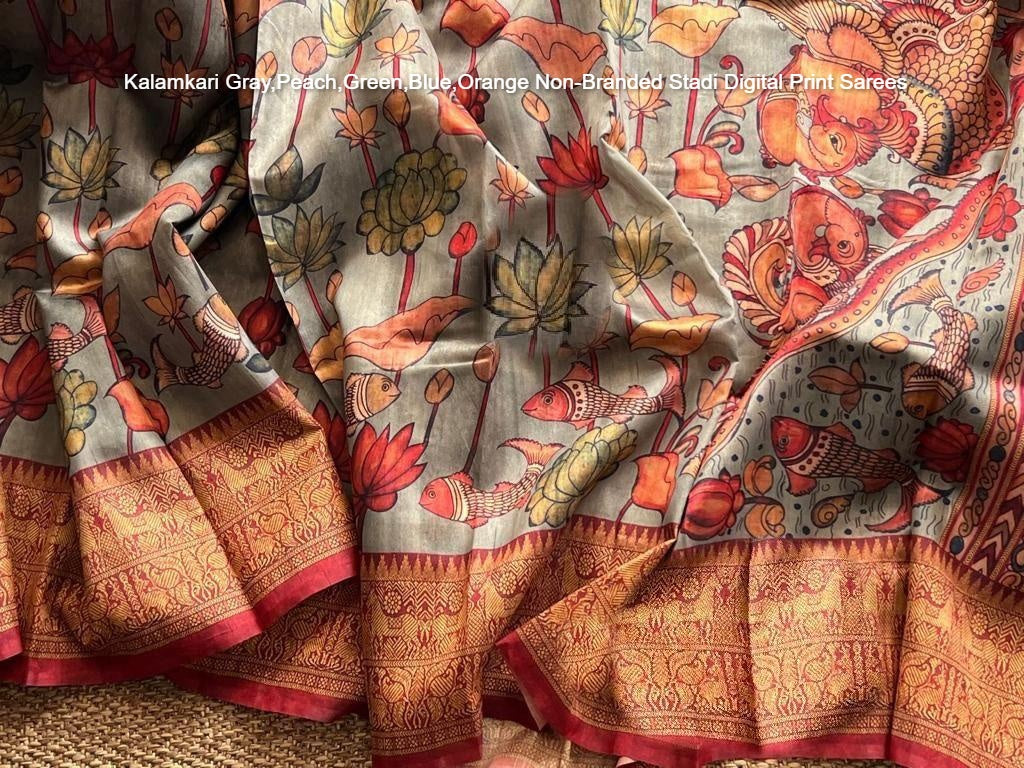 Kalamkari Gray,Peach,Green,Blue,Orange Non-Branded Stadi Digital Print Sarees