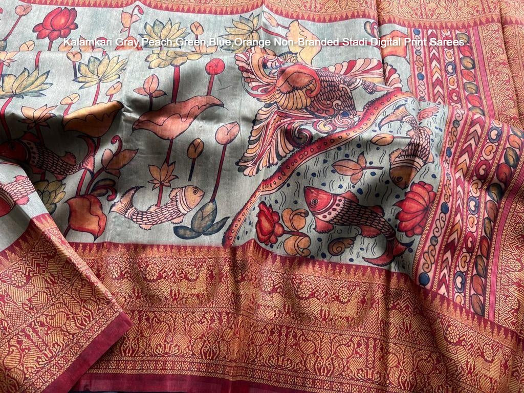 Kalamkari Gray,Peach,Green,Blue,Orange Non-Branded Stadi Digital Print Sarees