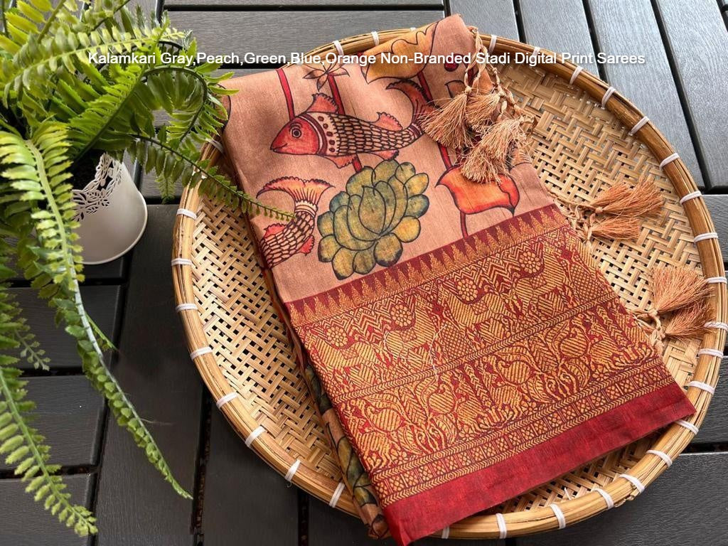 Kalamkari Gray,Peach,Green,Blue,Orange Non-Branded Stadi Digital Print Sarees