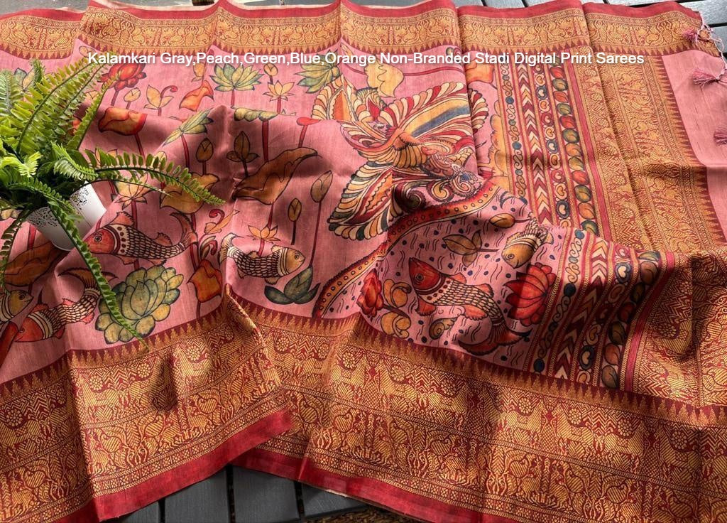 Kalamkari Gray,Peach,Green,Blue,Orange Non-Branded Stadi Digital Print Sarees