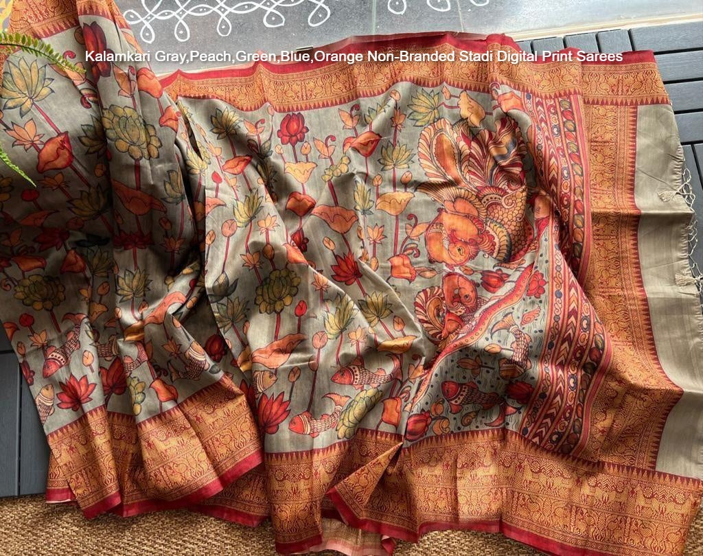 Kalamkari Gray,Peach,Green,Blue,Orange Non-Branded Stadi Digital Print Sarees
