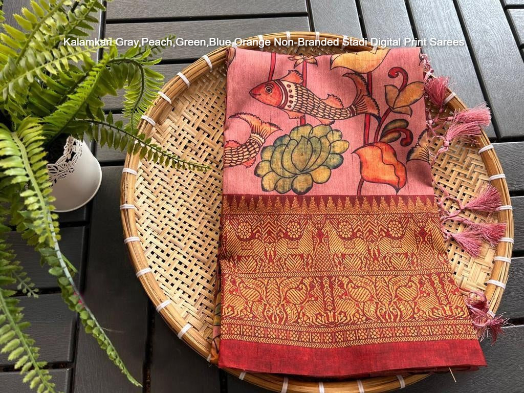 Kalamkari Gray,Peach,Green,Blue,Orange Non-Branded Stadi Digital Print Sarees