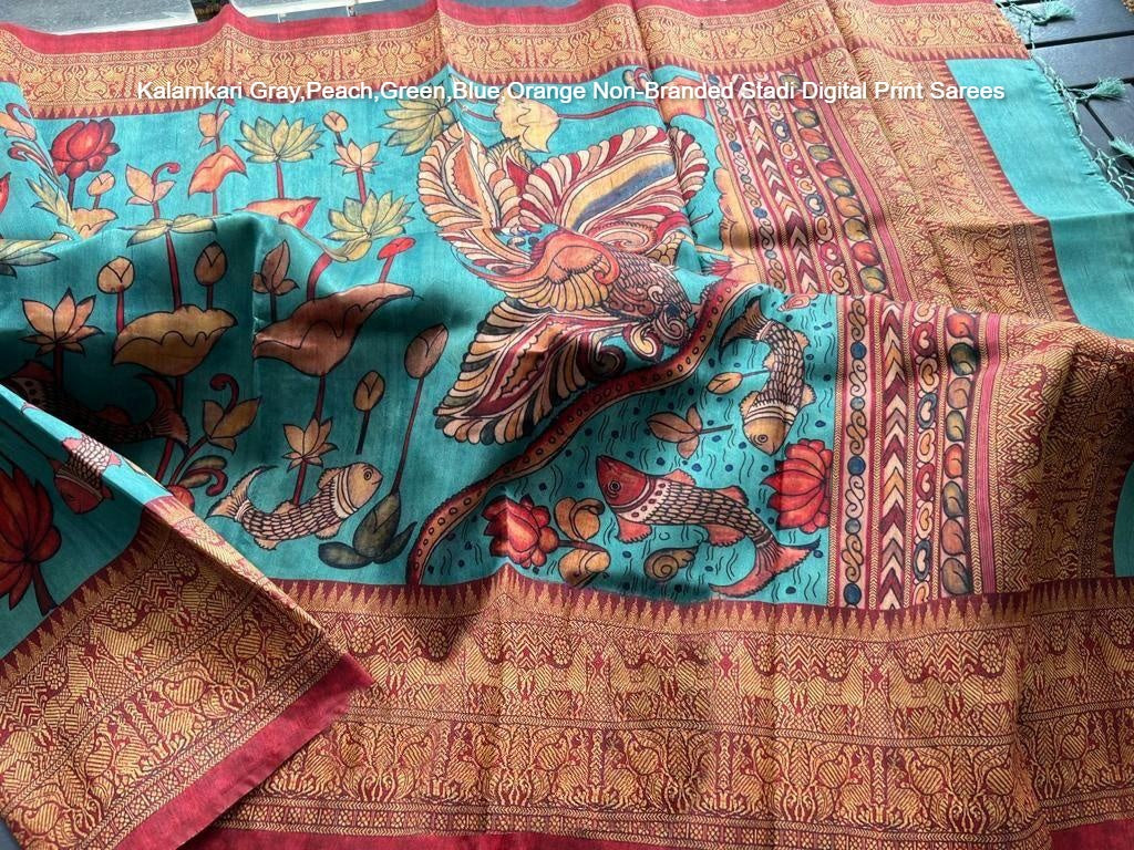 Kalamkari Gray,Peach,Green,Blue,Orange Non-Branded Stadi Digital Print Sarees