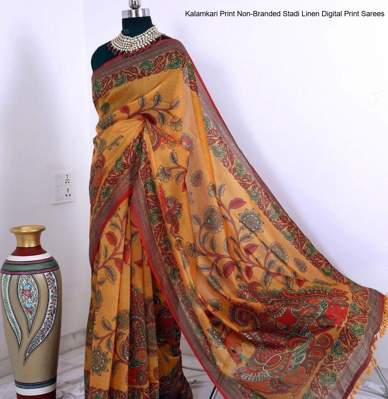 Kalamkari Print Non-Branded Stadi Linen Digital Print Sarees