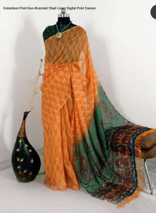 Kalamkari Print Non-Branded Stadi Linen Digital Print Sarees