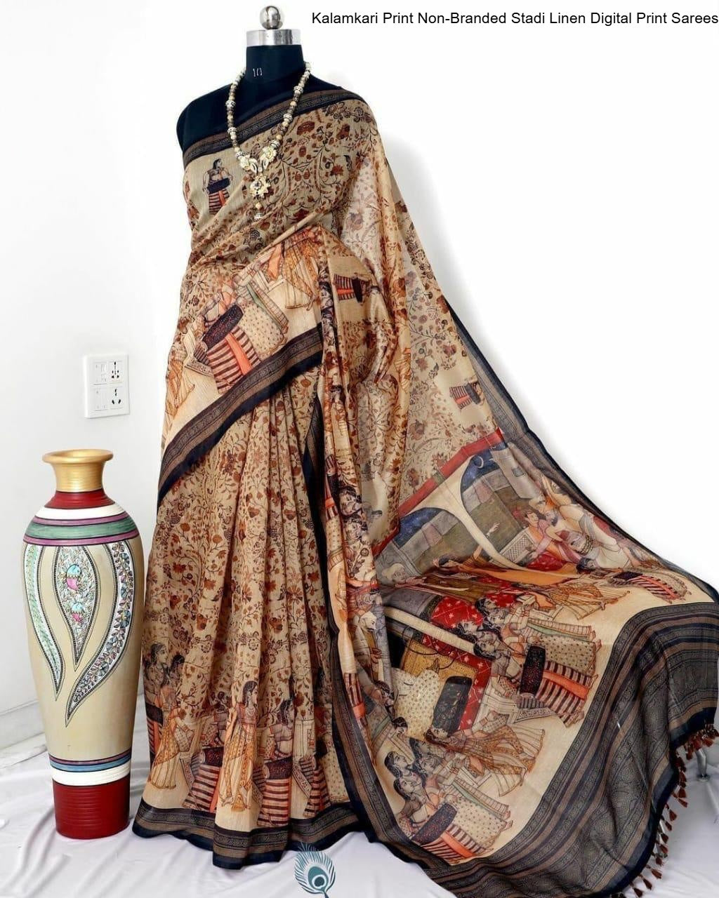 Kalamkari Print Non-Branded Stadi Linen Digital Print Sarees