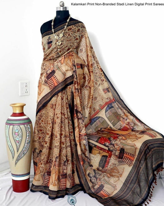 Kalamkari Print Non-Branded Stadi Linen Digital Print Sarees