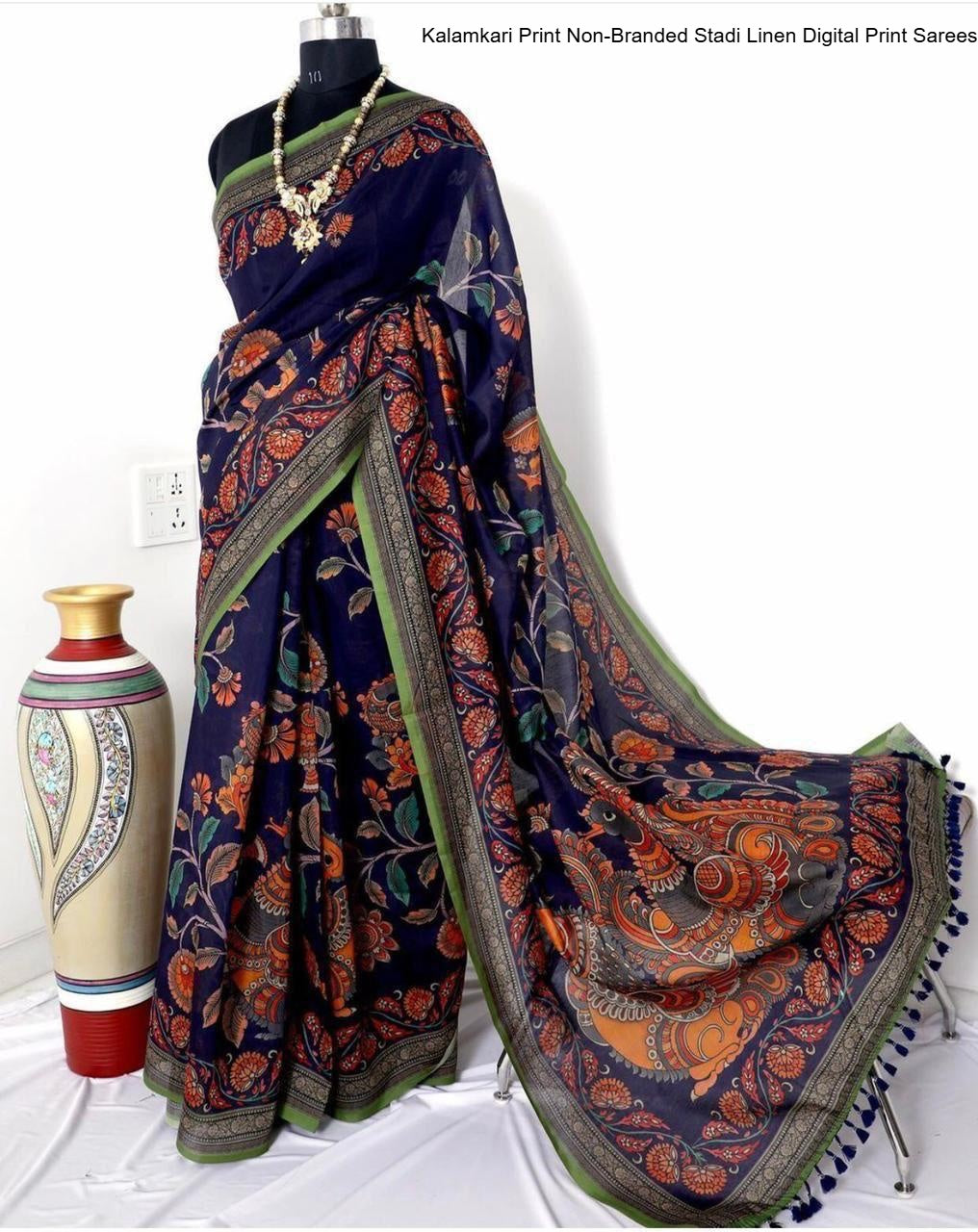 Kalamkari Print Non-Branded Stadi Linen Digital Print Sarees