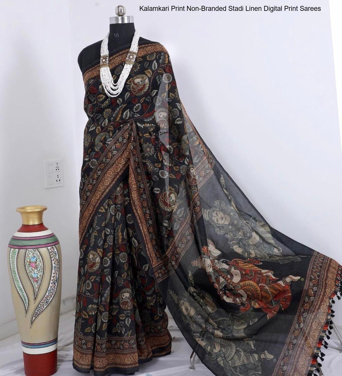 Kalamkari Print Non-Branded Stadi Linen Digital Print Sarees