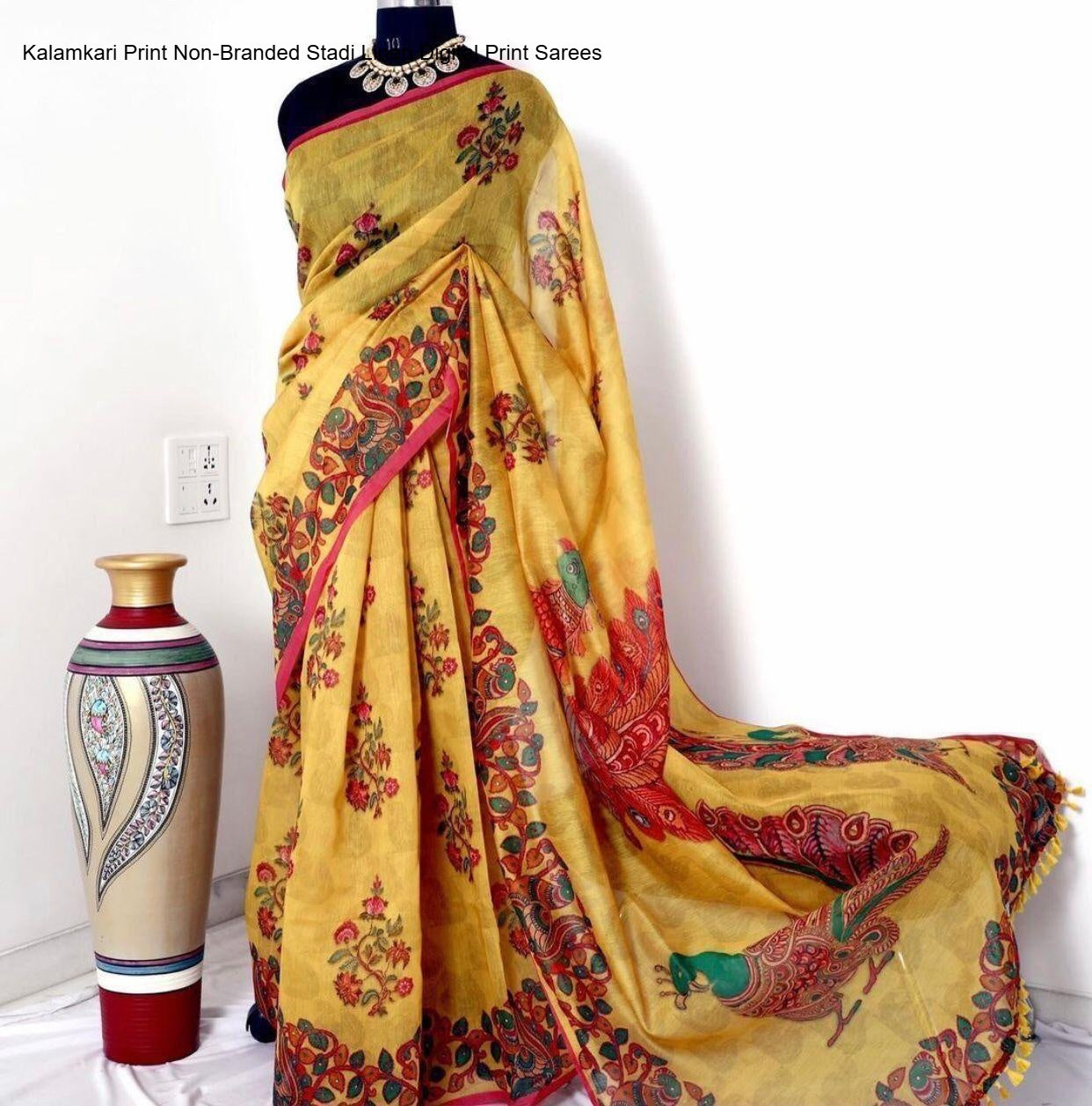 Kalamkari Print Non-Branded Stadi Linen Digital Print Sarees