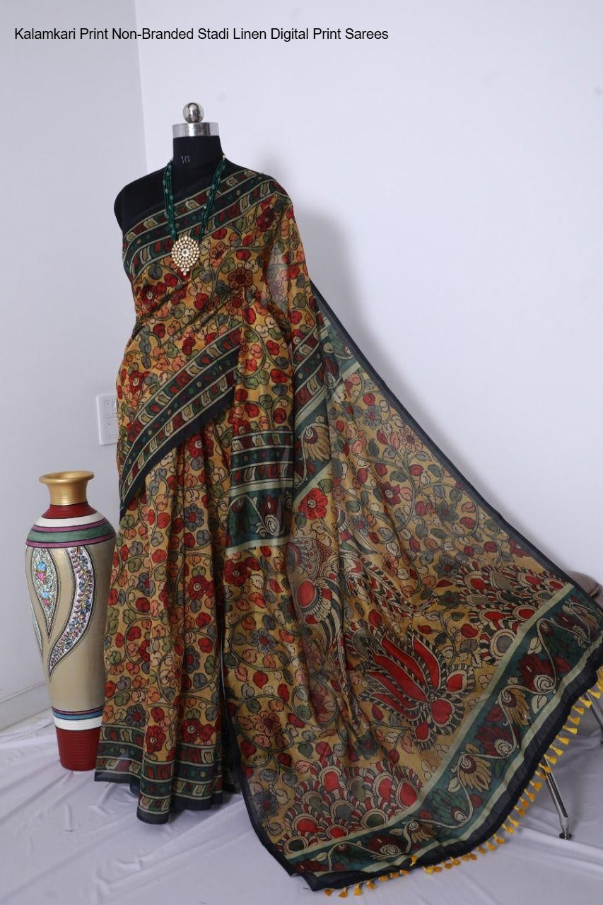 Kalamkari Print Non-Branded Stadi Linen Digital Print Sarees