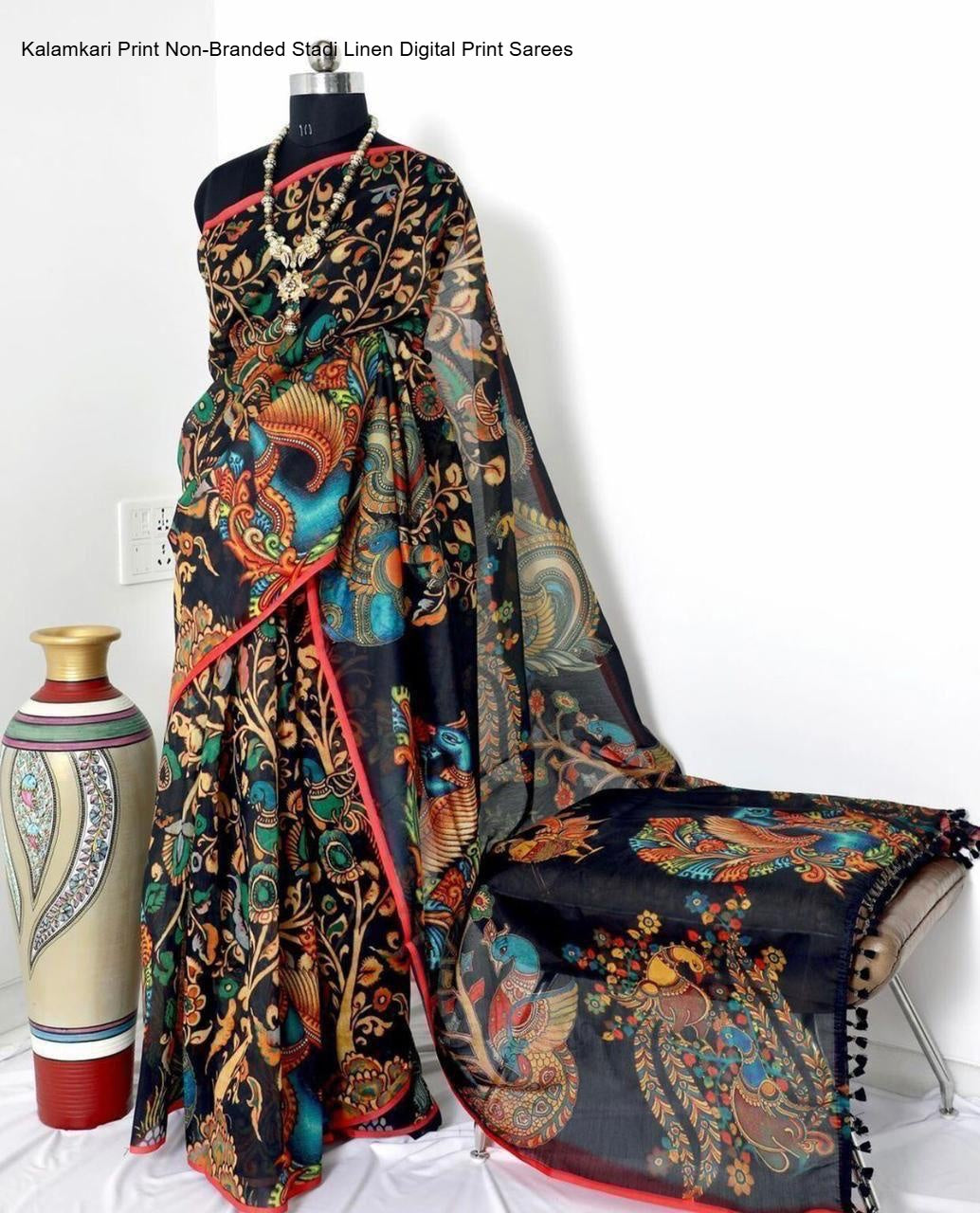 Kalamkari Print Non-Branded Stadi Linen Digital Print Sarees