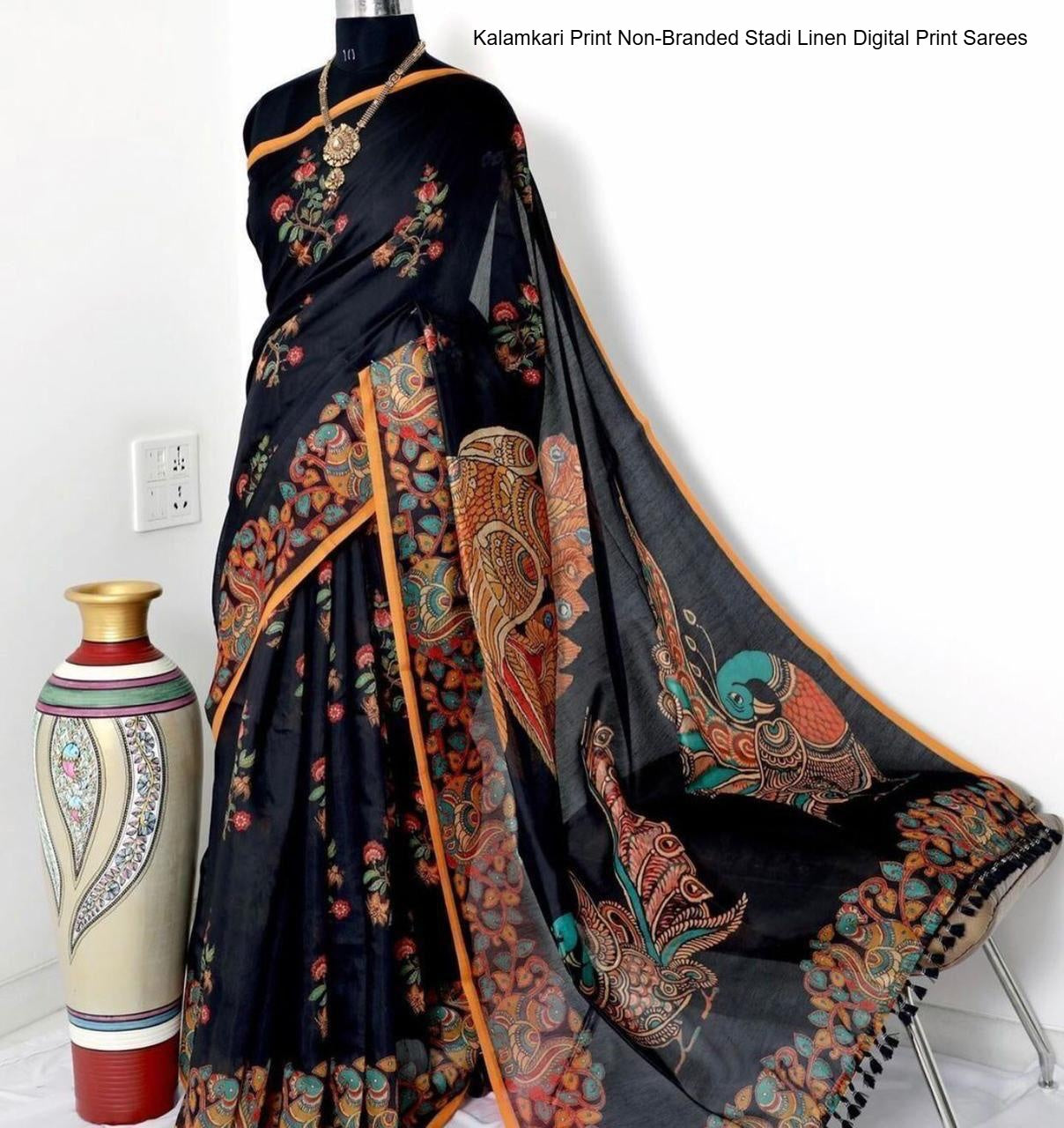 Kalamkari Print Non-Branded Stadi Linen Digital Print Sarees