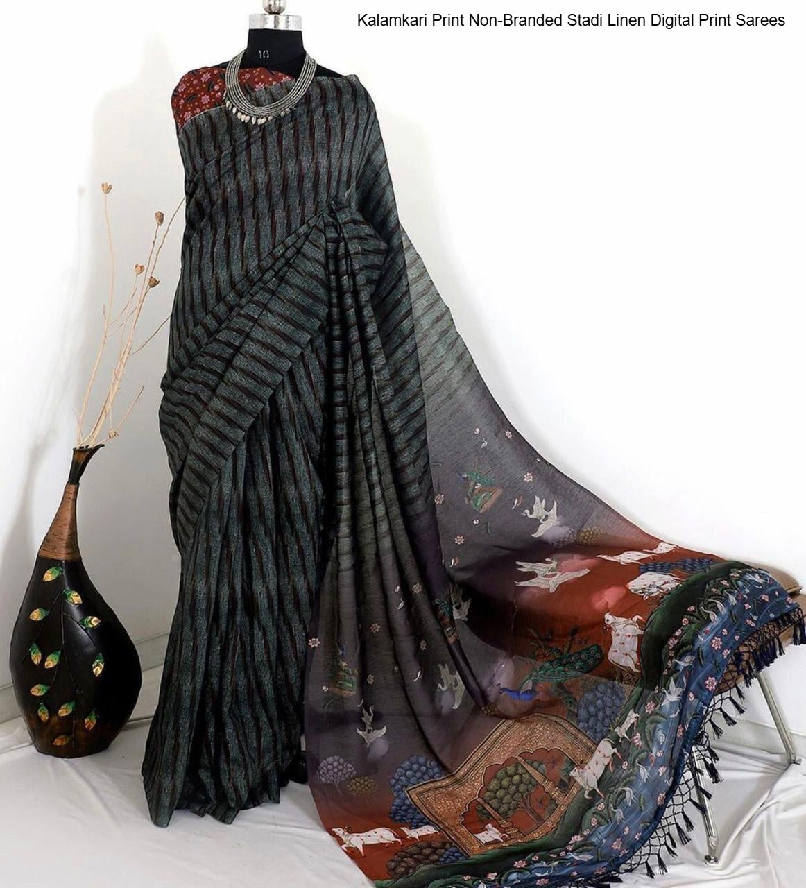 Kalamkari Print Non-Branded Stadi Linen Digital Print Sarees