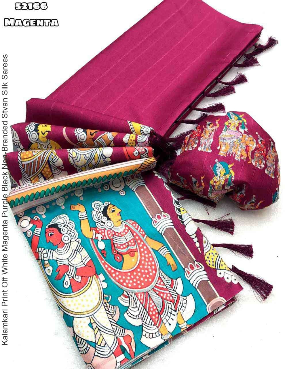 Kalamkari Print Off White Magenta Purple Black Non-Branded Stvan Silk Sarees