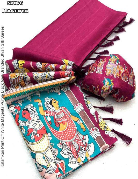 Kalamkari Print Off White Magenta Purple Black Non-Branded Stvan Silk Sarees