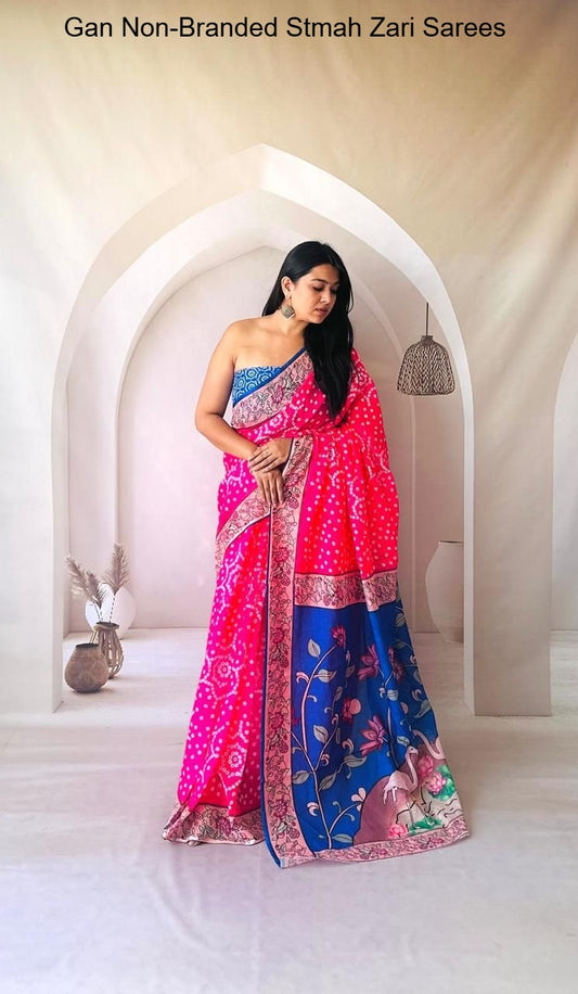 Kalmkari Pink Sky Blue Peach Beige Non-Branded Stmah Digital Prints Sarees