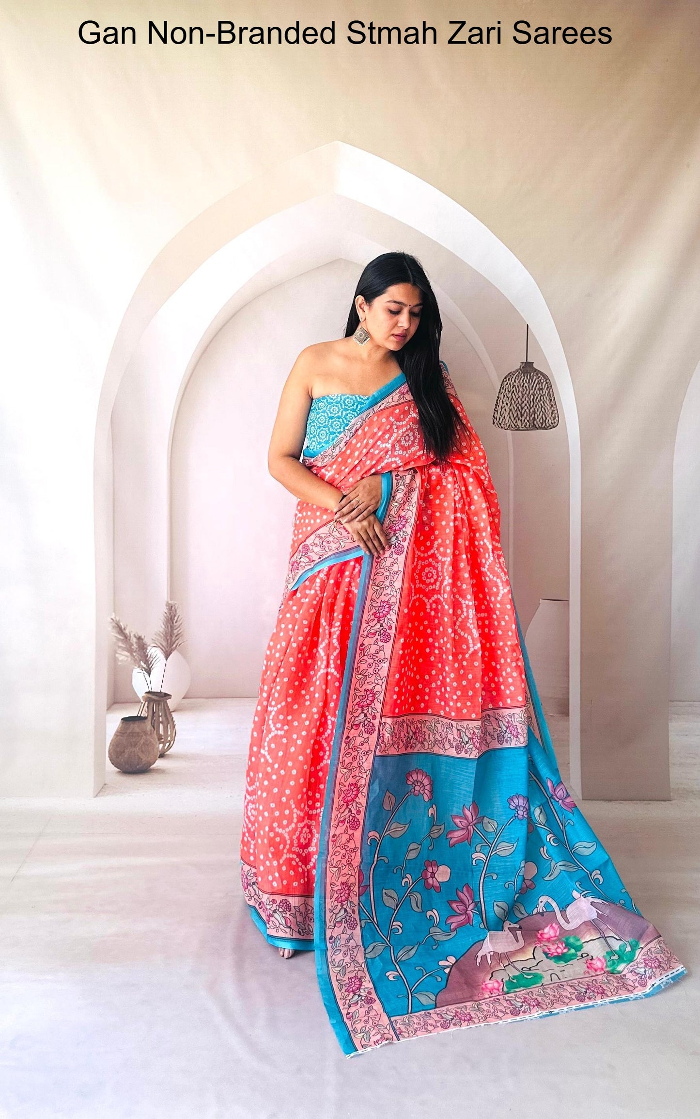 Kalmkari Pink Sky Blue Peach Beige Non-Branded Stmah Digital Prints Sarees