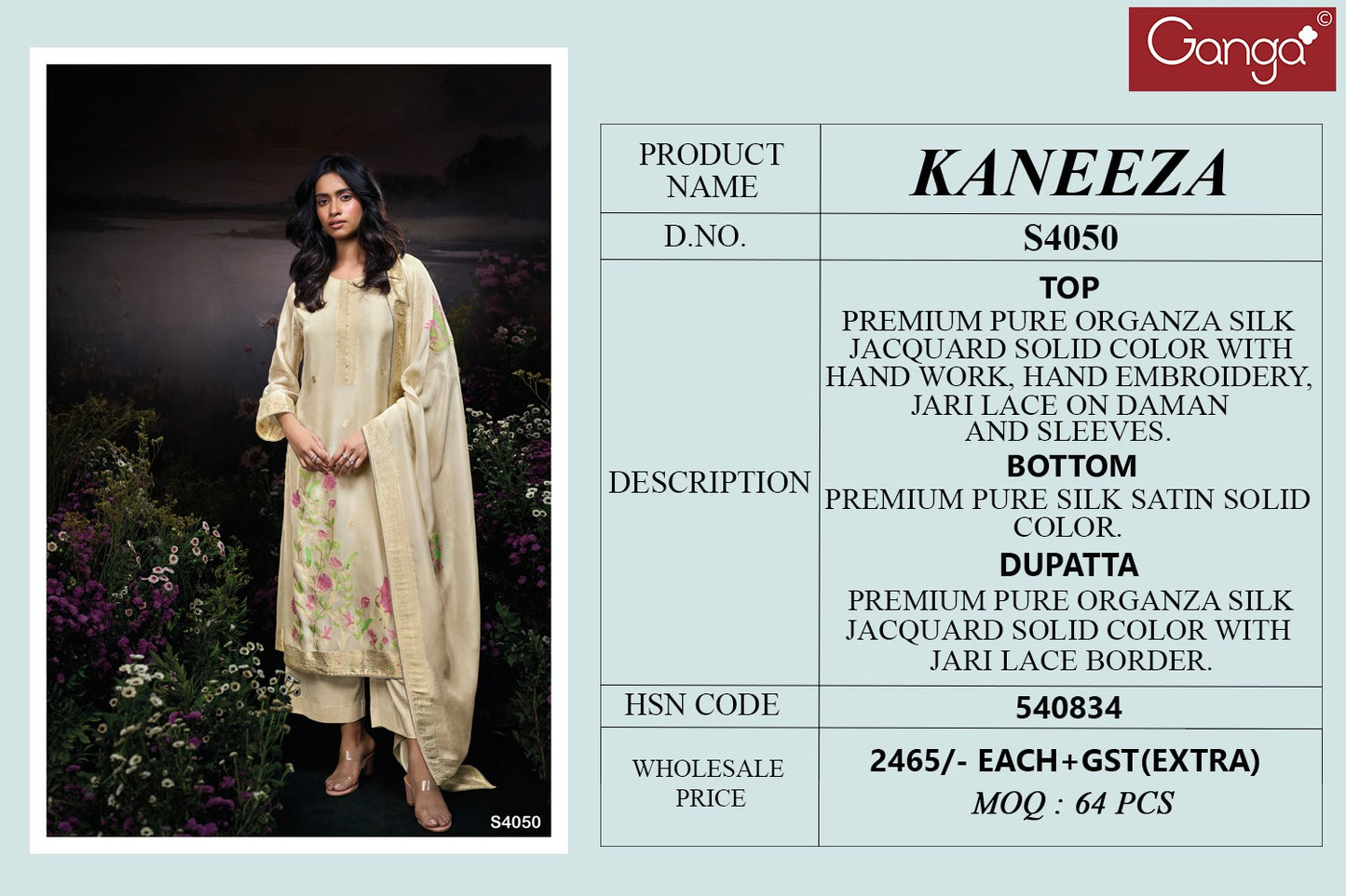 Kaneeza S4050 Ganga Organza Silk Unstitched Suits