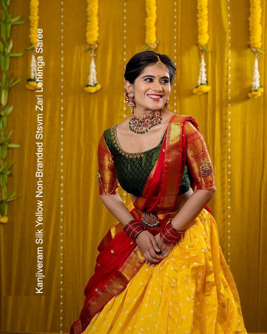 Kanjiveram Silk Yellow Non-Branded Stsvm Zari Lehenga Saree