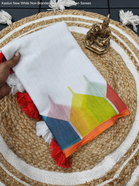 Kasturi New White Non-Branded Stvan Heavy Linen Sarees