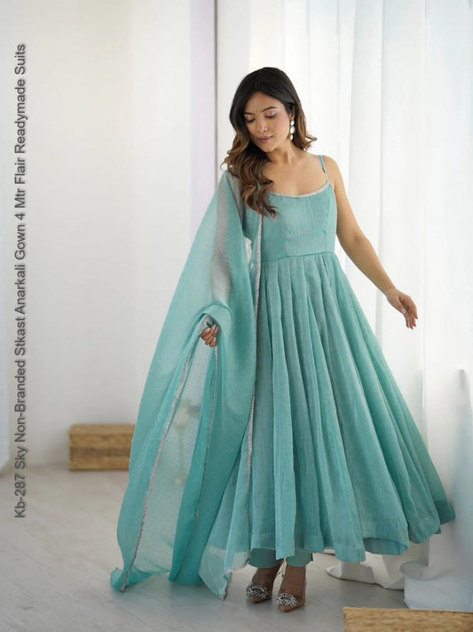 Kb-287 Sky Non-Branded Stkast Anarkali Gown 4 Mtr Flair Readymade Suits