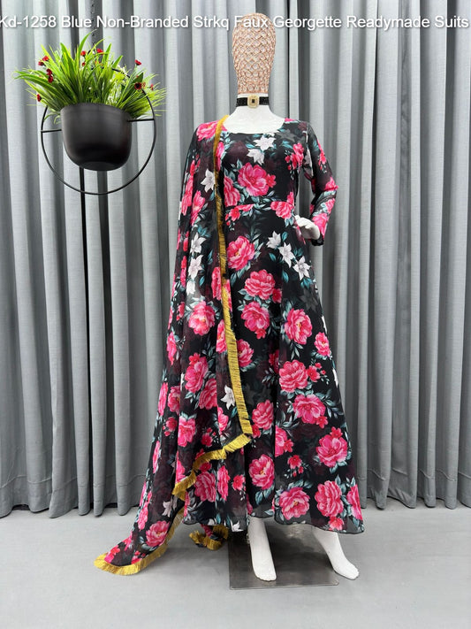 Kd-1258 Blue Non-Branded Strkq Faux Georgette Readymade Suits