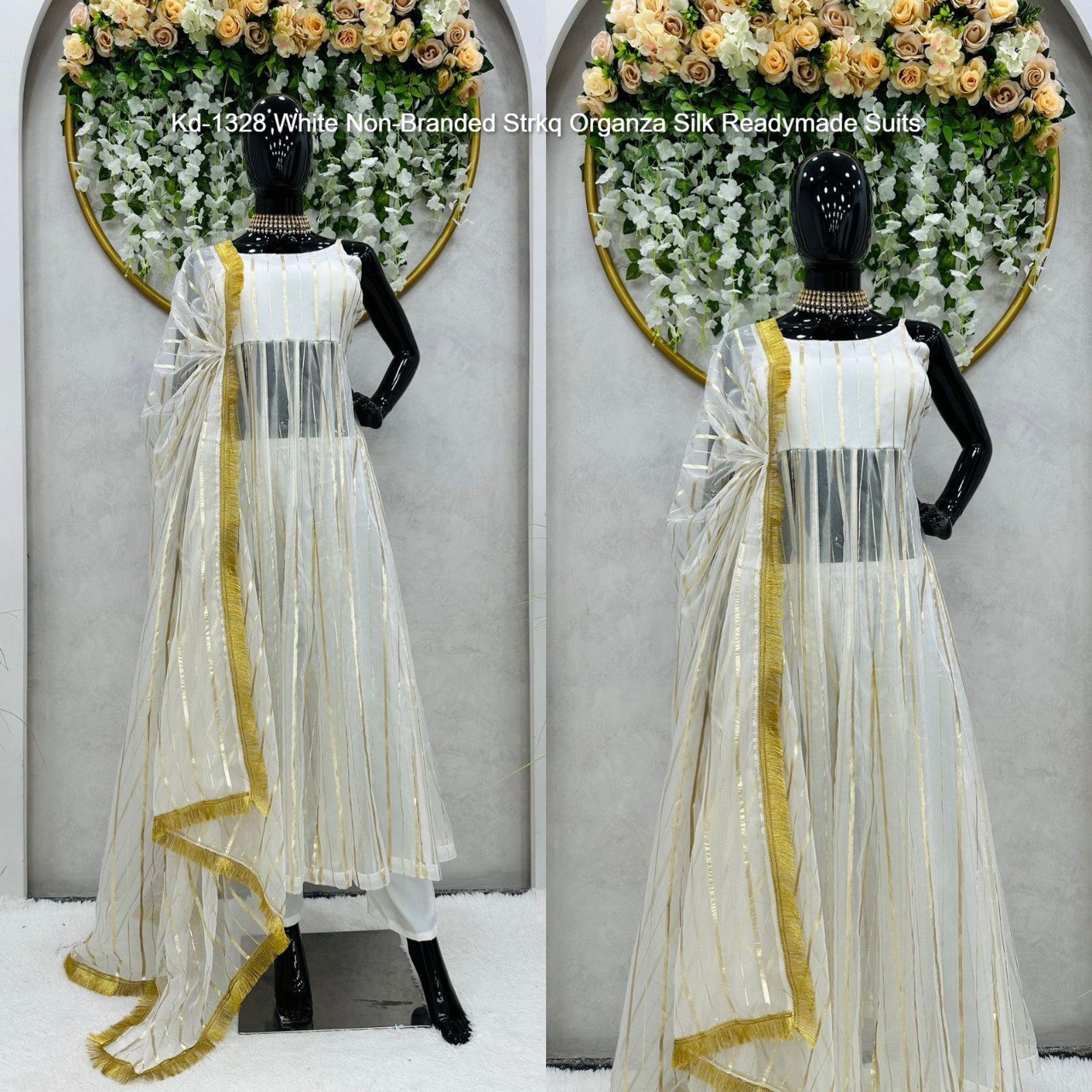 Kd-1328 White Non-Branded Strkq Organza Silk Readymade Suits