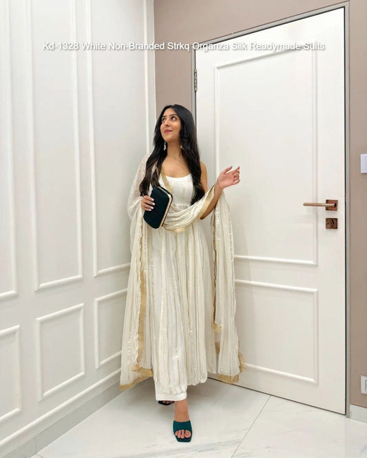 Kd-1328 White Non-Branded Strkq Organza Silk Readymade Suits
