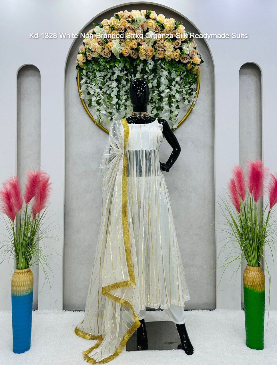 Kd-1328 White Non-Branded Strkq Organza Silk Readymade Suits