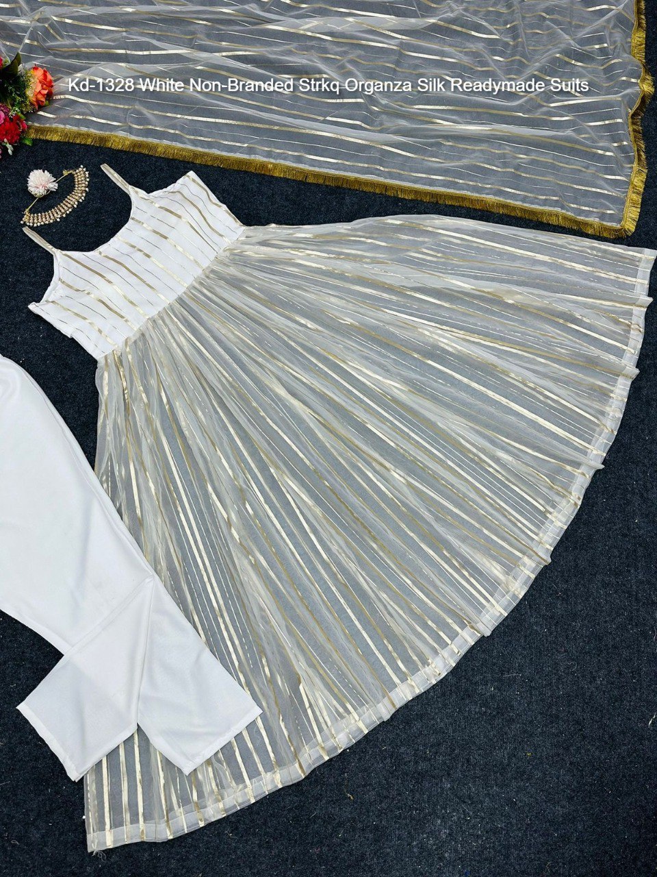 Kd-1328 White Non-Branded Strkq Organza Silk Readymade Suits