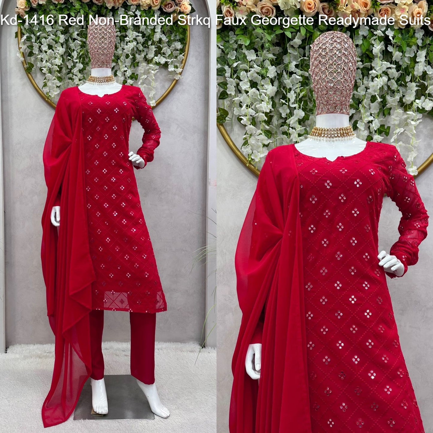 Kd-1416 Red Non-Branded Strkq Faux Georgette Readymade Suits