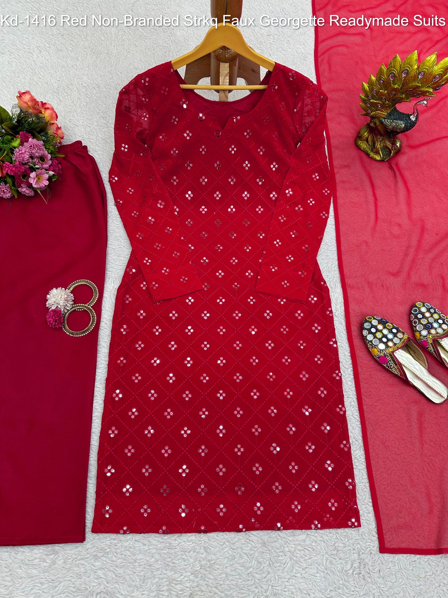 Kd-1416 Red Non-Branded Strkq Faux Georgette Readymade Suits