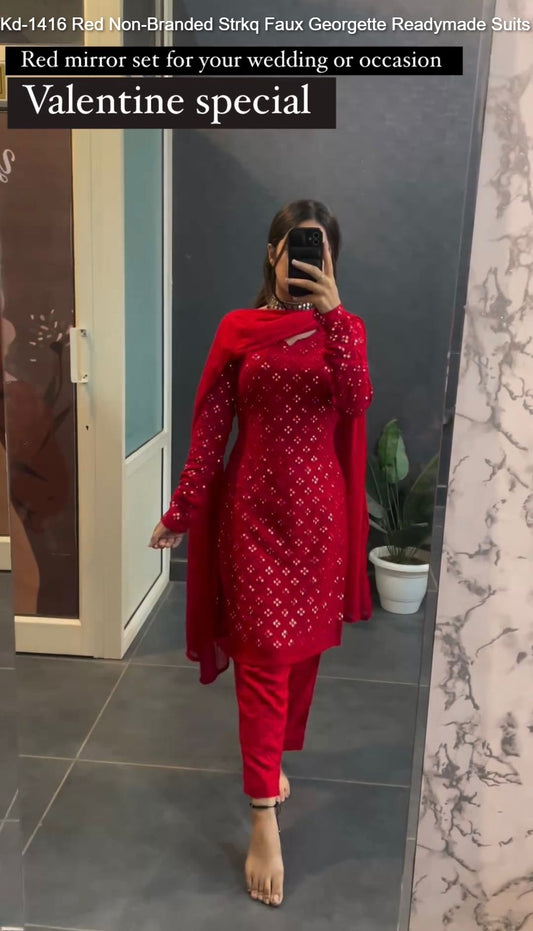 Kd-1416 Red Non-Branded Strkq Faux Georgette Readymade Suits